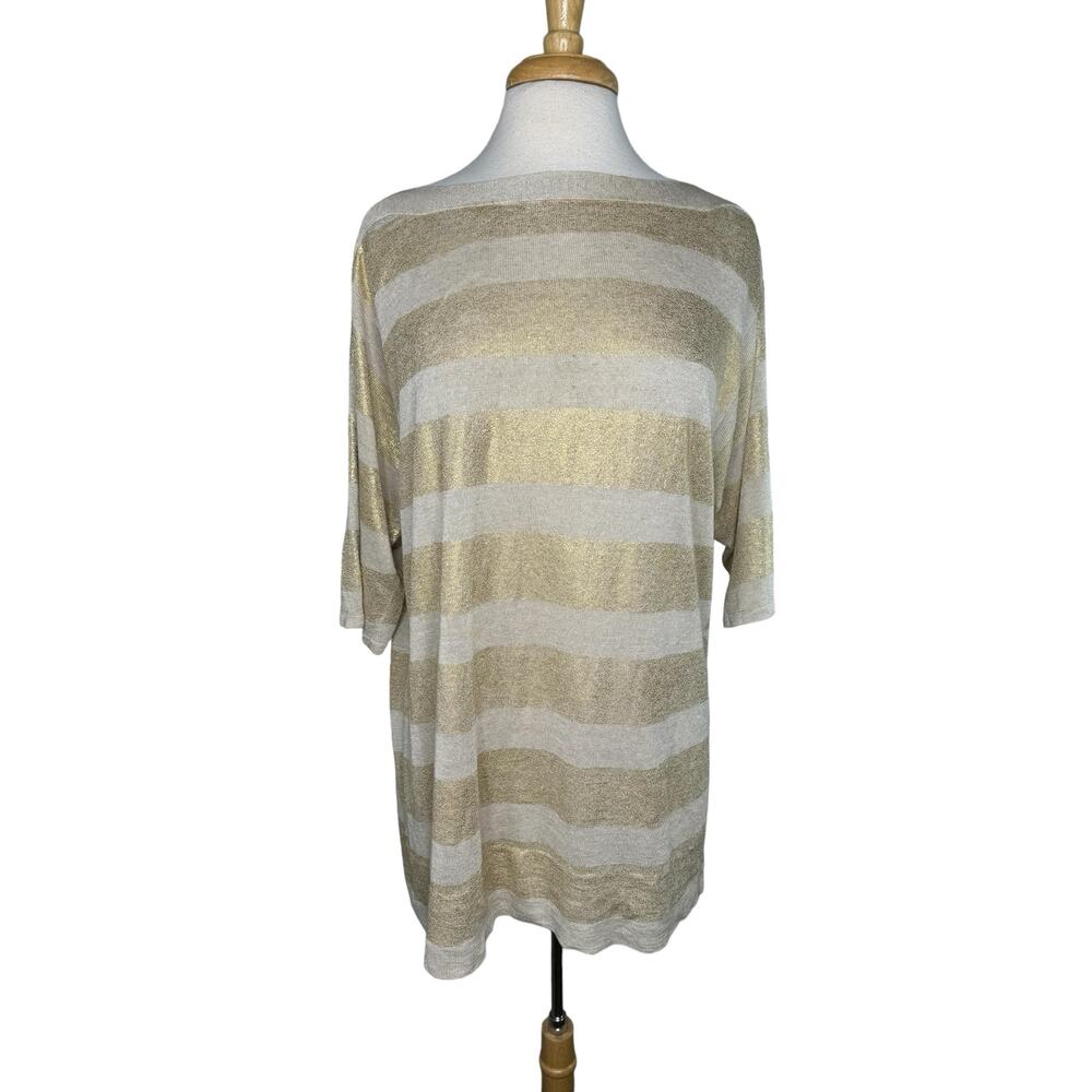 CHICOS Gold Tan Stripe Linen Blend Short Sleeve Relaxed Knit Top Size Large (2)